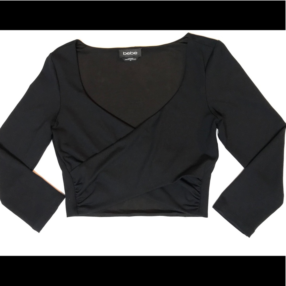 BEBE Black Wrap Crop Top 3/4 Sleeve | S